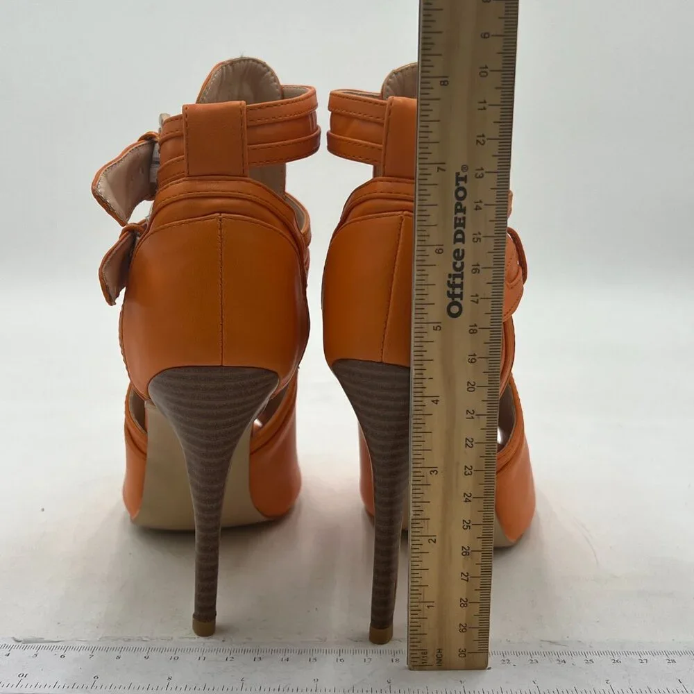 XYD Dark Orange Peep Toe Ankle Boot High Heel Buckled Double Straps Cutout Shoe - Picture 5 of 8